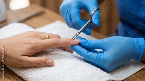 Professional cuticle trimming, close-up of a manicurist in blue gloves performing nail care, beauty salon treatment, and hand spa service for healthy nails.