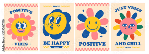 Groovy flowers, retro poster designs set. Trippy daisies and sun with cute fu...