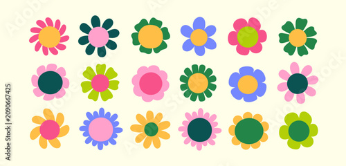 Groovy daisy flowers, top above view. Summer chamomile blossoms, heads. Simpl...