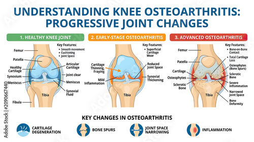 Quadro su tela Understanding Knee Osteoarthritis: Progressive Joint Changes - Healthy, Early, A