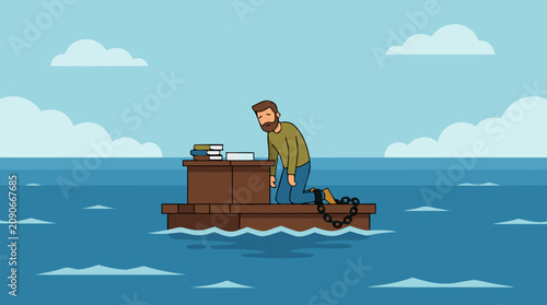 Burned out office worker chained to a heavy desk drifting on a lonely ocean, surreal vector concept of workplace stress, overload, debt, trapped responsibility and the search for freedom