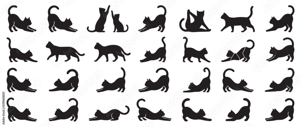 Obraz premium Cat silhouette collection featuring stretching and playful poses silhouette stretching isolated collection illustration domestic activity