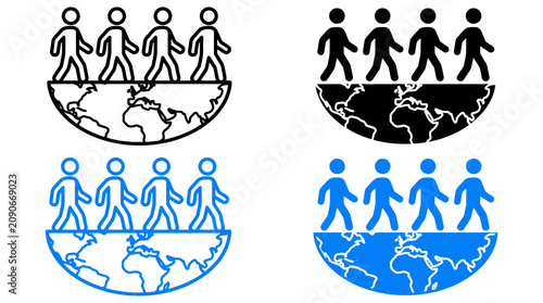 Cuadro en lienzo Global migration icon set, people walking on earth globe vector, international p