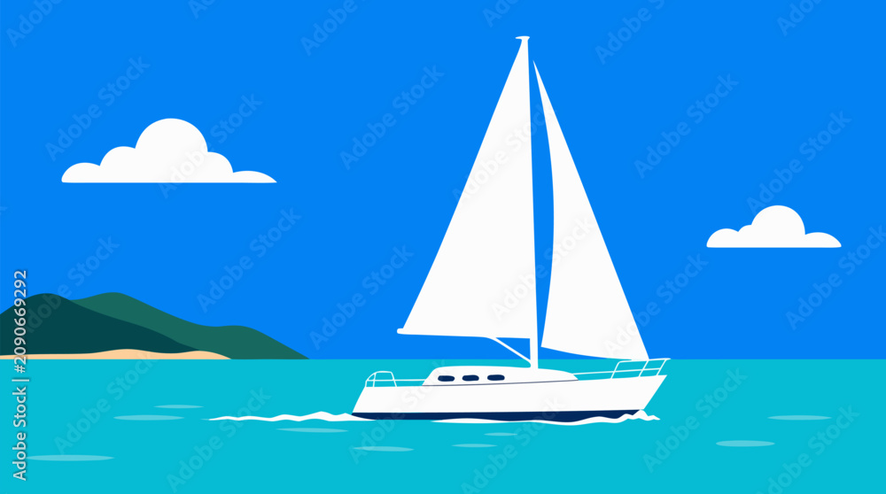 Fototapeta premium Elegant white sailboat gliding across tranquil turquoise sea under pristine blue sky with fluffy clouds, serene summer sailing adventure vector illustration with distant coastline