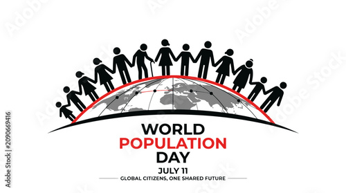 World Population Day concept with diverse people silhouettes holding hands on earth globe, global citizens unity vector illustration, July 11 banner