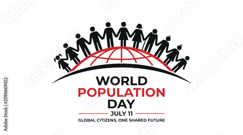 World Population Day July 11 vector illustration, diverse global citizens holding hands on earth globe, human community and shared future concept