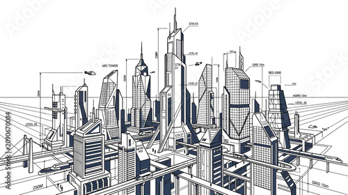 Futuristic City Blueprint: Innovative Architecture, Sky-High Towers, and Advanced Infrastructure