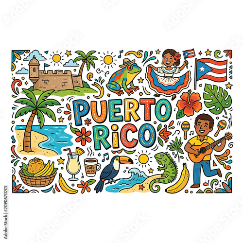 Puerto Rico Doodle Art: Culture, Landmarks, and Tropical Elements
