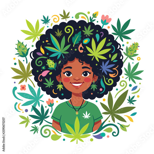 Smiling Woman with Cannabis Leaves in Curly Hair, Surrounded by Greenery