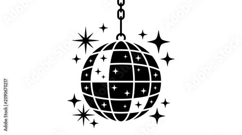 Retro disco ball with sparkling stars, party decoration icon, vector illustration