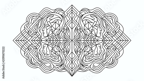 Symmetrical Abstract Faces Mandala with Geometric Patterns