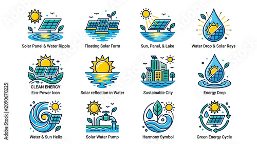 Solar Energy Icons Set: Clean Renewable Power, Water, Sun, City, Drop, Cycle