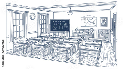 Vintage Classroom Scene with Desks, Blackboard, and World Map