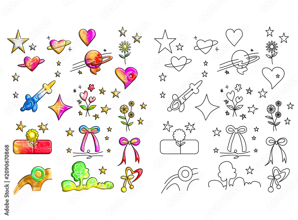 Obraz premium happy family silhouettes,Hand Drawn Space and Heart Line Art Vector Doodle Set