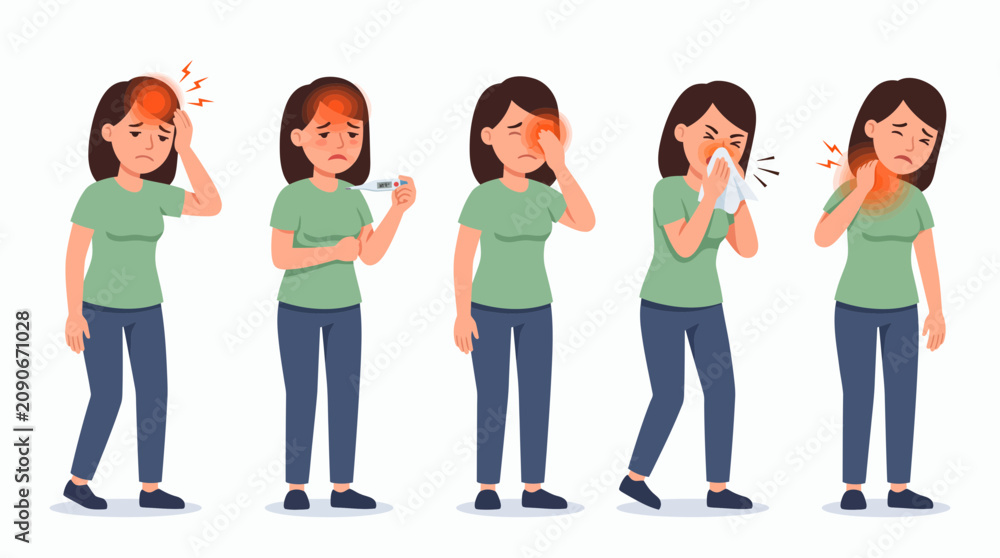 Obraz premium Woman's cartoon character showing various illness symptoms: headache, fever, eye pain, sneezing and stiff neck, Illustrating health campaign materials, ideal for medical infographics about sickness