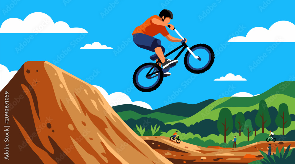 Obraz premium Dynamic BMX rider launching high off a massive dirt jump under vivid blue sky, extreme bike trick over rugged trail and green hills, action sports adventure, speed, courage and airtime