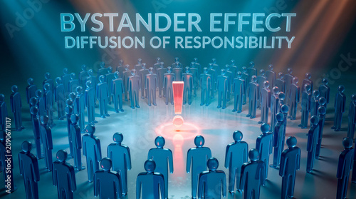 Conceptual 3D illustration of bystander effect and social apathy with figures around an exclamation mark