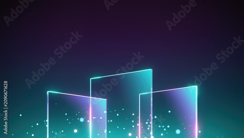 Futuristic glowing glass panels on dark background with bokeh particles