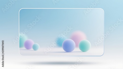 Abstract glassmorphism frame with pastel spheres on blue background