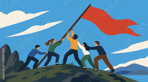 Determined team raising a fallen red banner pole on a windy hilltop, symbolizing teamwork, leadership, resilience, shared mission and overcoming adversity in bold flat vector illustration