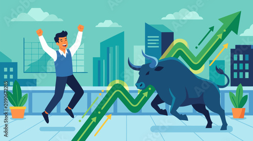 Joyful trader celebrating on a city terrace as a powerful bull charges beside a soaring green market line, dynamic vector illustration of bullish investing, profit growth and financial success moment