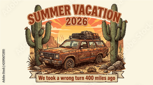 Summer Vacation 2026 Retro Station Wagon in Desert Vector Illustration with Funny Wrong Turn Quote
