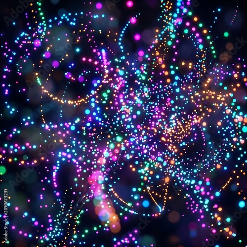 Abstract multicolor glowing particle swirl background.