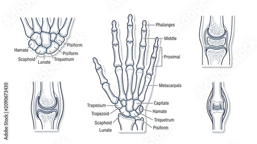Slika na platnu Anatomy of Human Hand and Wrist Skeleton with Labels