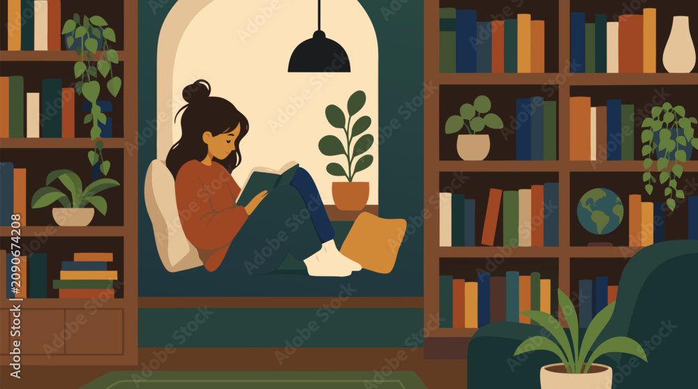 Fototapeta premium Cozy young woman reading in a quiet library window nook, surrounded by bookshelves, plants, warm lamp light, pillows and calm study atmosphere, modern flat vector illustration scene