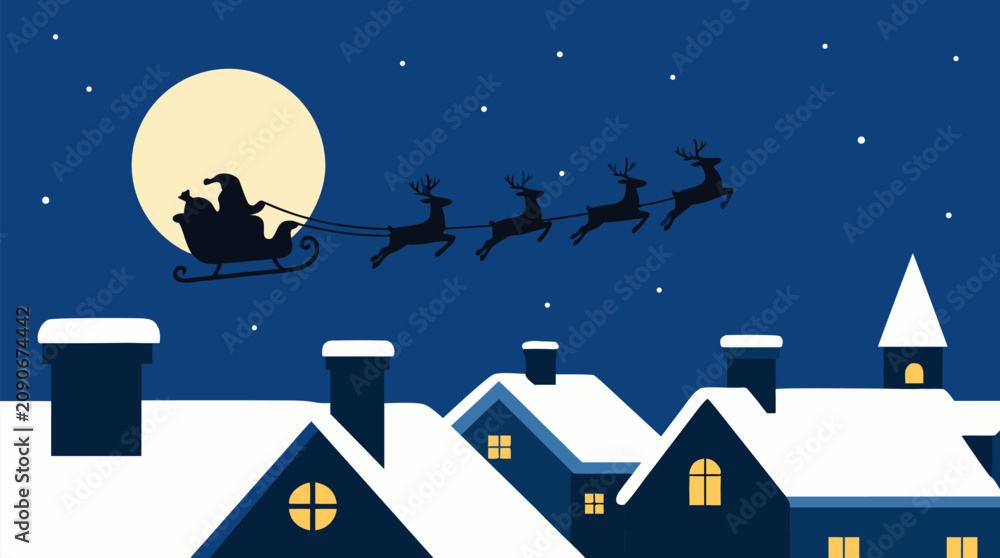 Naklejka premium Santa flying in sleigh with four reindeer across moonlit blue Christmas sky over snowy village rooftops, glowing windows, chimneys, and steeple, storybook festive holiday vector scene