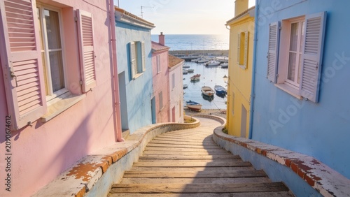 A curved wooden walkway descends between vibrantly painted pastel houses in pink, blue, and yellow, leading toward a calm harbor with small boats, ideal for colorful destination and lifestyle branding