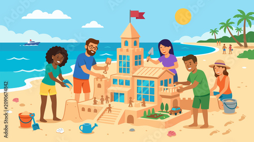 Diverse team building a sandcastle shaped like a thriving business headquarters on a sunny beach, creative teamwork, startup growth, leadership strategy and success metaphor in vector style
