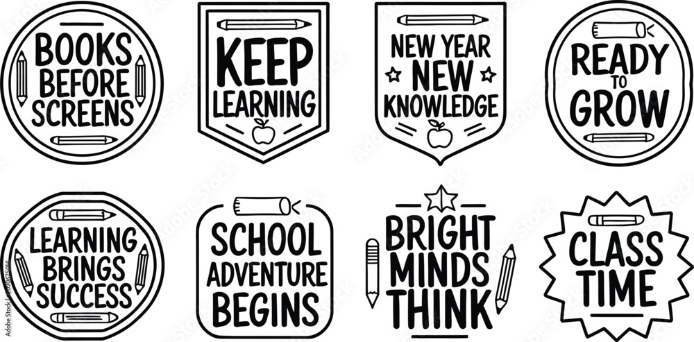 Obraz premium Collection of eight educational emblems with positive learning phrases and pencil illustrations