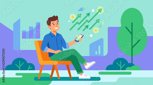 Smiling young investor seated with smartphone as glowing green arrows and charts rise above the screen, modern wealth growth, mobile trading, financial success vector illustration scene