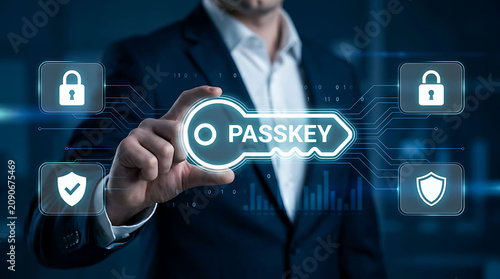 Businessman touching virtual passkey option with digital network security concept