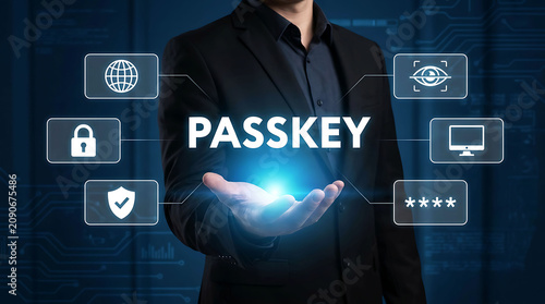 Businessman holding virtual passkey option with data cybersecurity network concept