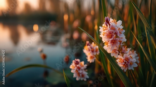 Serene Evening Scene with Vibrant Flowers by Calm Water Body