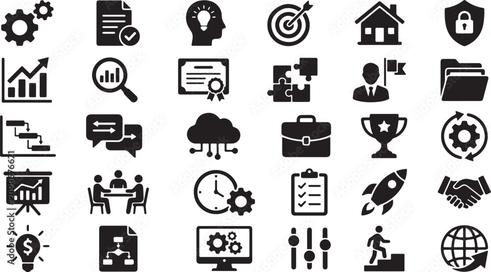 Fototapeta premium Business icons, 40 black vector graphics, office symbols, management illustrations, workflow signs