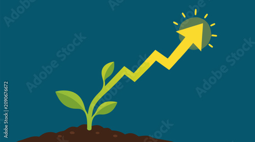 Small green seedling transforming into glowing yellow upward arrow chart, inspiring vector illustration of sustainable business growth, startup success, profit increase, investment, and opportunity