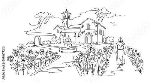 Monk walking in monastery garden with fountain and church, line art drawing