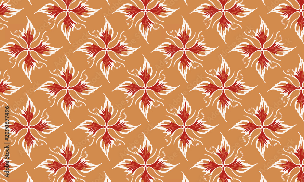 Fototapeta premium Indonesian Batik Ceplok Seamless Pattern with Floral Rosette Motifs in Red and Orange