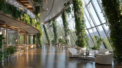 Modern interior with lush green plants and natural light, creating a serene and inviting atmosphere.