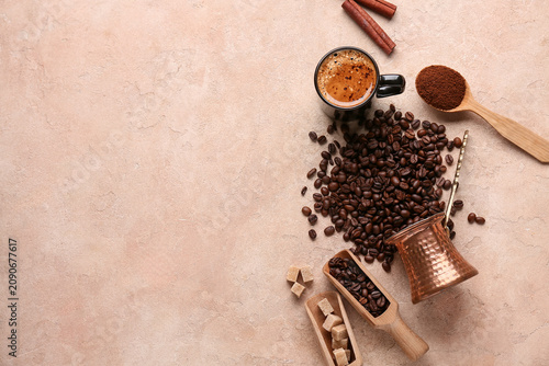 Cup of coffee with cezve, b...
