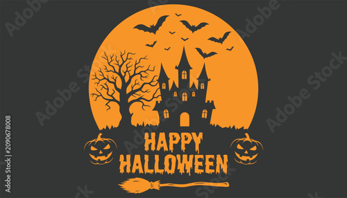 Tableau sur toile Halloween themed illustration with haunted house and spooky elements on dark bac
