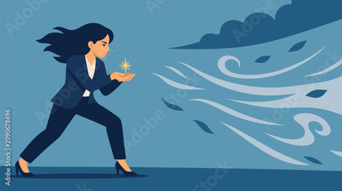 Determined businesswoman shielding a tiny glowing spark from powerful wind, symbolizing resilience, leadership, fragile ideas, startup courage, risk management, and perseverance in a vector scene