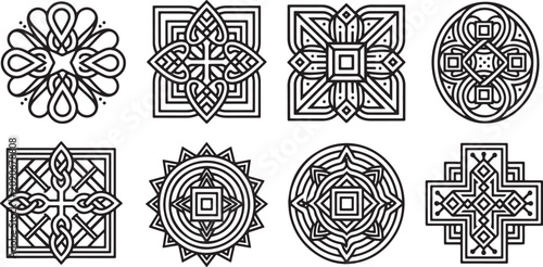 Collection of eight intricate geometric ornamental designs isolated on white