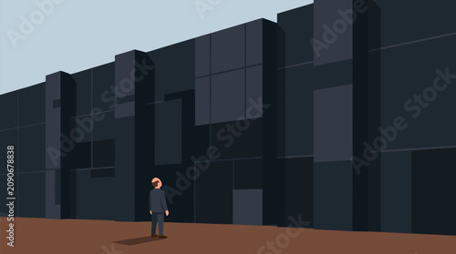 Tiny businessman dwarfed before an enormous dark wall obstacle, dramatic corporate challenge vector illustrating fear, ambition, strategy, resilience and career adversity concept scene