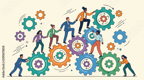 Diverse professionals climb interlocking gears like stairs, joining hands as colorful cogs turn with collective momentum, teamwork, leadership, innovation, and shared business progress