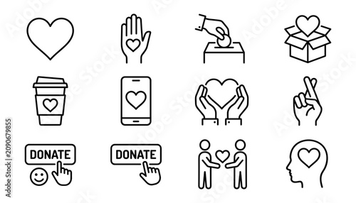 Canvastavla Donation Icons Set with Heart Symbols, Open Hands, Gift Boxes, and Thumbs Up Out