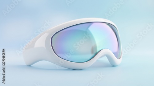 A close-up shot of a sleek, minimalist futuristic virtual reality lens visor, iridescent glass reflecting a soft sky blue gradient background, symbolizing advanced eyewear technology and modern design